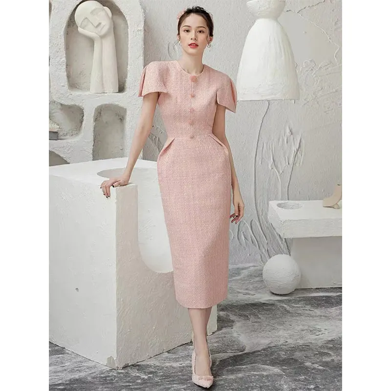 ZYHT 1081 Fast Delivery Ladies Casual Slim Pink Tweed Dress Fashion Straight Midi Elegant Short Sleeve Dresses
