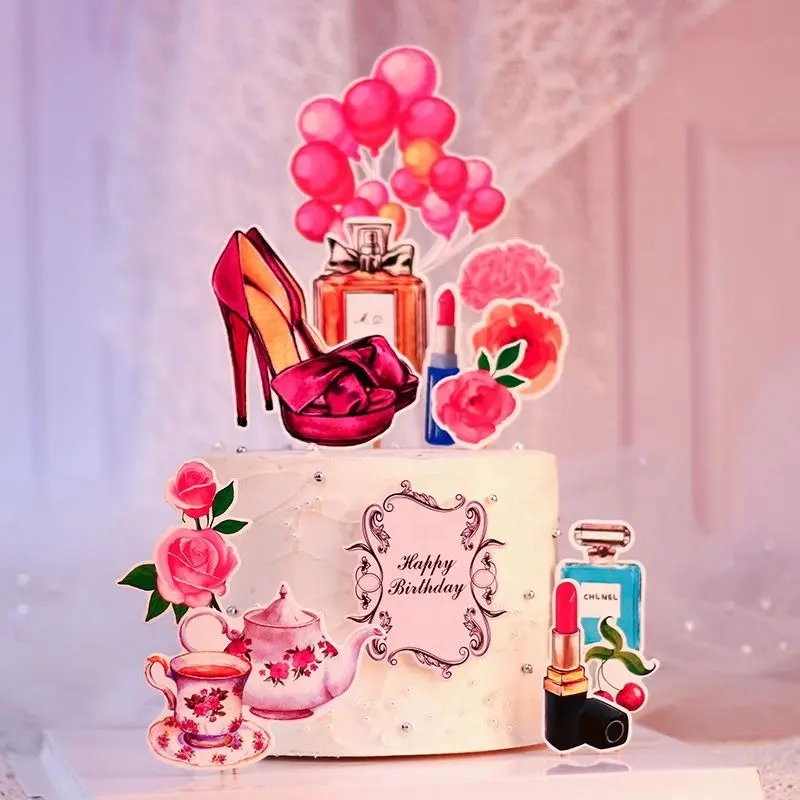 كعكة الديكور الحرة رسم موضوع مستحضرات التجميل كعكة عيد ميلاد سعيد القبعات العالية للأم