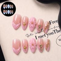 Ongles artificiels en acrylique PMMA faits à la main, texture 3D, luxe léger, courbe amande moyenne, style français, couverture complète, réutilisables, 10 pièces
