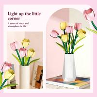 JIESTAR Puzzle 3D Kreatif DIY Bunga Tulip Plastik Buatan Buket Tanaman Pot Vas Dekorasi Rumah Hadiah Valentine