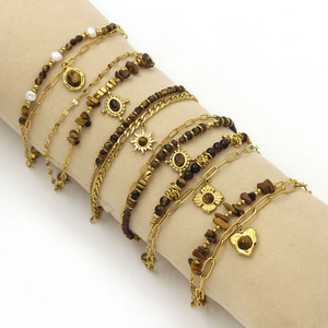 Pulsera Vintage de Acero Inoxidable Chapado en Oro con Piedra de Tigre y Cuentas de Piedra Natural Triturada, con Colgante de Ojo - Product Image 1