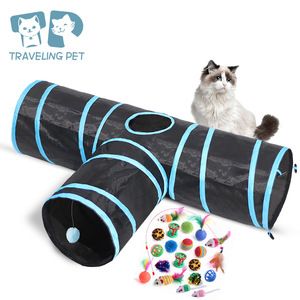 Tunnel pour chat en forme de T, pliable, à trois voies, avec jouet à bille, ensemble de jeu, en polyester, pour l'exercice et le divertissement des animaux de compagnie - Product Image 2