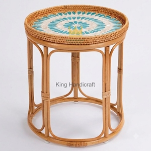 Wholesale Handwoven Rattan <b>Bedside</b> <b>Table</b> Set Modern Mother of Pearl Inlaid <b>Round</b> Coffee <b>Table</b> for Hotel and Home - Product Image 1