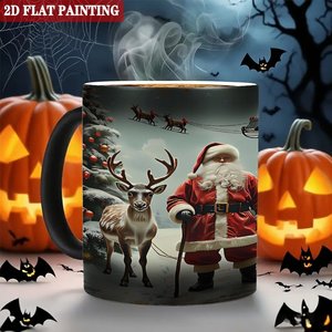 Mug en céramique noir givré 11oz, tasse magique changeant de couleur à la chaleur, design de Noël Père Noël et rennes, peinture plate 2D - Product Image 6