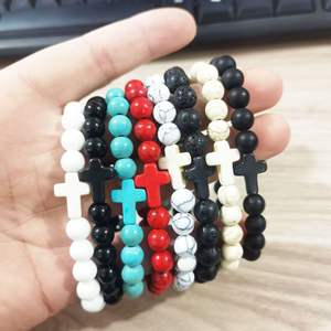 Bracelet personnalisé empilable en pierre volcanique avec croix turquoise, bijou de poignet rétro et tendance pour <span class=keywords><strong>tenue</strong></span> de bureau ou décontractée - Product Image 1