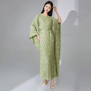 Muslim Woman Kaftans Dress 2023 New Loose Plus Size Belt Kaftan Long Dress Fashionable Woman Casual Pleated Dress