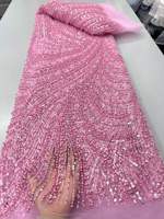 Tissu de dentelle nigériane blanche brodée de perles, tissu de dentelle française en tulle lourdement perlé et pailleté de luxe pour robe de mariée et de soirée