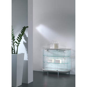 Vitrine semi-ovale en verre trempé, largeur 115 cm, porte à charnières verrouillable, éclairage LED, étagères réglables en hauteur, blanc brillant - Product Image 1