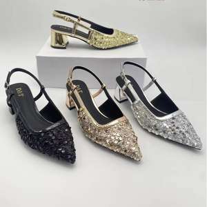 Nuevos Zapatos de Tacón con Lentejuelas Brillantes para Mujer, Venta al por Mayor, Fabricante OEM, Personalizados, Zapatos de Tacón Cuadrado con Punta en Pico para Fiesta de Boda - Product Image 1