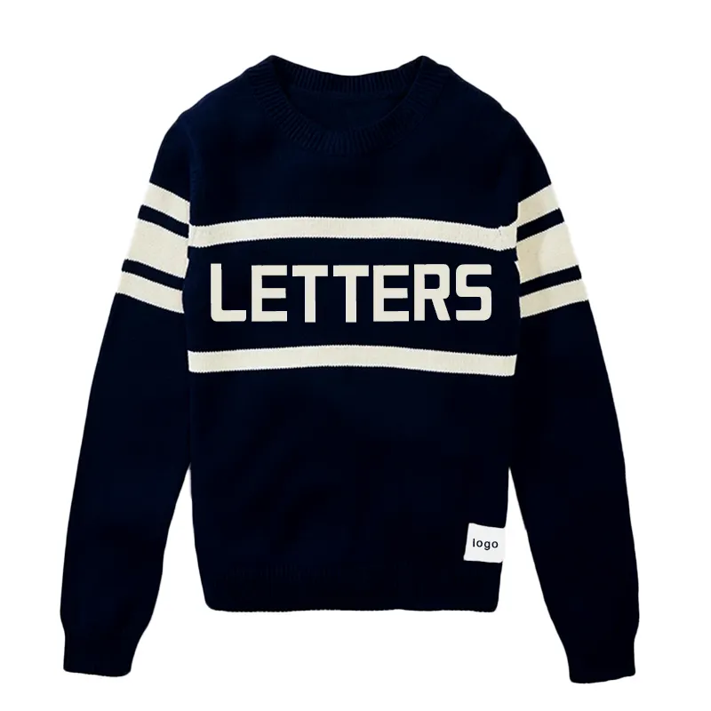 OEM benutzer definierte Männer Baumwolle Rundhals ausschnitt Strick pullover Langarm Buchstaben muster Vintage Streifen Pullover Letterman Pullover