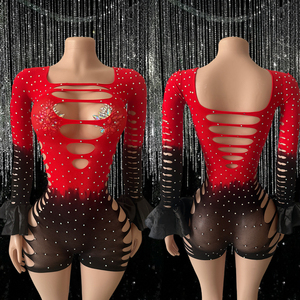 Leggings de manga larga de malla hueca con degradado de color y pedrería para mujer, atuendos de stripper, ropa de baile exótica - Product Image 1