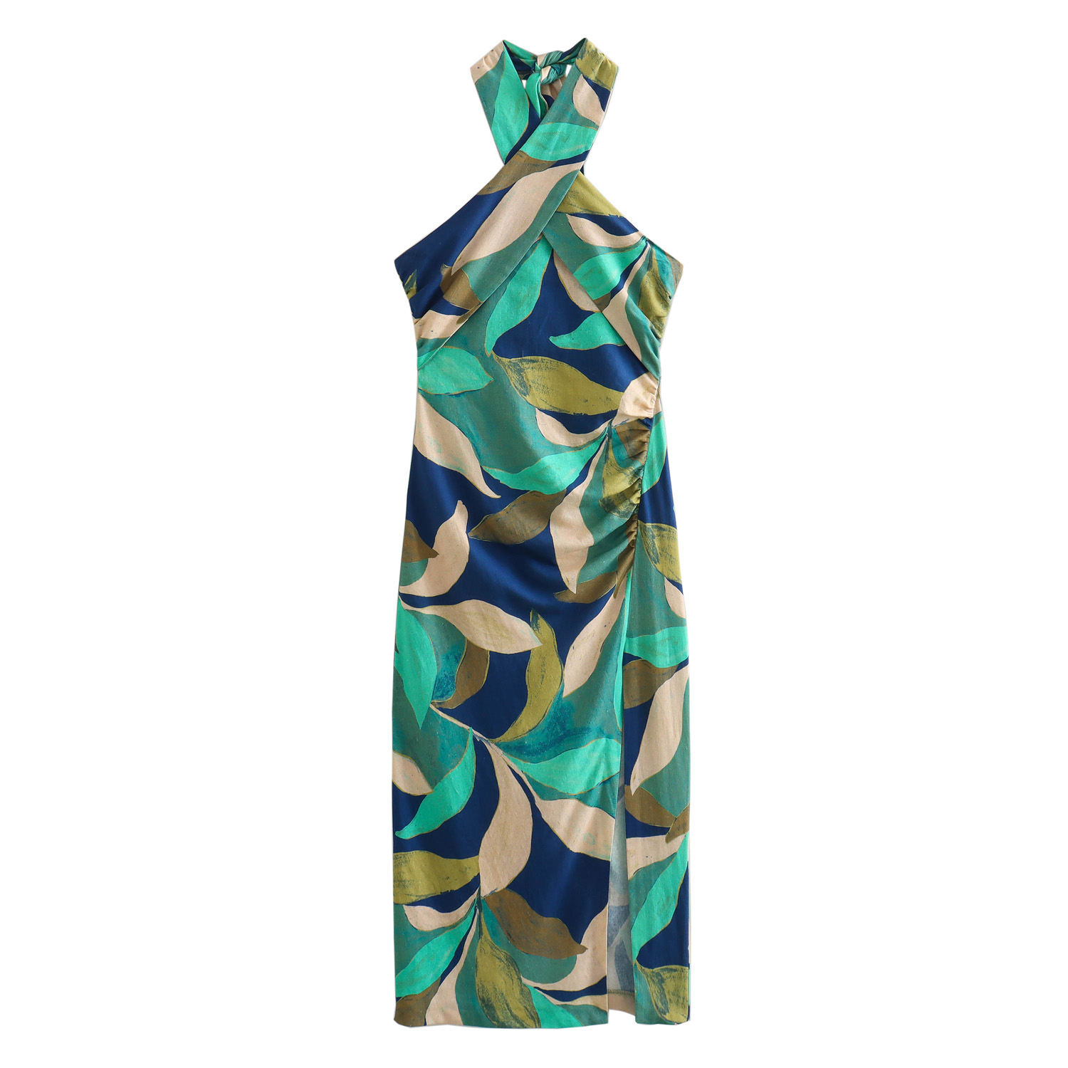 patchwork printed halter neck midi dress ASOS DESIGN knot halter neck trapeze midi dress in patchwork print