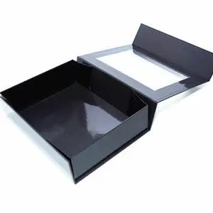 翻盖聚氯乙烯窗户黑色硬质纸板磁性封口定制包装方形礼品盒带透明盖子
