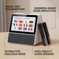 Traduttore Simultaneo AI con Doppio Schermo 7" 10", Sistema Operativo Android, 2 Microfoni Wireless, Traduzione in Tempo Reale per Aziende e Team Globali