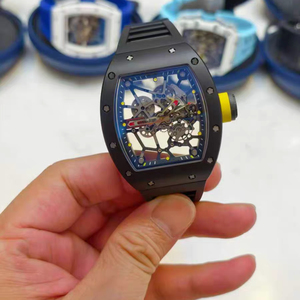 Luxury Tonneau Skeleton Mechanical <b>Watch</b> Black Matte <b>Case</b> Openwork Dial Bright Yellow Rubber Strap - Product Image 2
