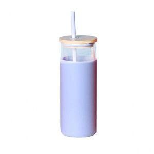 Gobelet en verre minimaliste avec paille et couvercle en bois bleu clair, anti-fuite, pour boissons froides, unisexe, pour les voyages - Product Image 3