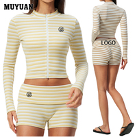 Ensemble de sport deux pièces rayé pour femme, veste zippée à col montant doublée polaire et short, doux et extensible, idéal pour la gym et le quotidien en automne