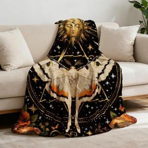 <b>Black</b> Sun Moon Moth Flannel Blanket <b>Throw</b> Blanket Nap Blanket Super Soft Machine Washable <b>for</b> Bedroom Living Room Custom Print - Product Image 1