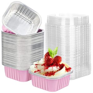 Conteneur en aluminium rose de 150 ml pour gâteaux et desserts, moule à yaourt en aluminium, moules à pâtisserie carrés jetables en aluminium avec couvercles - Product Image 1