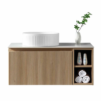 Meuble-lavabo mural flottant cannelé avec vasque en céramique blanche, meuble de rangement pour salle de bain