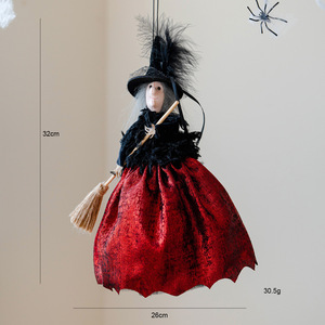 Longstar Ornements de sorcières suspendus effrayants, poupées en coton brillant assorties, chapeaux en plumes noires, balais avec lumières clignotantes pour Halloween - Product Image 2