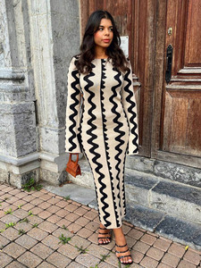 Autumn Party Flared Long Sleeve Skinny Sexy Hollow Out Wave Jacquard Knit <strong>Maxi</strong> <strong>Dress</strong> Women's Sweater - Product Image 3