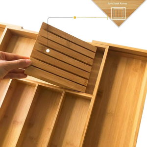 Tiroir extensible en bambou organisateur couverts ustensiles couverts rangement avec porte-bloc de couteaux séparateurs réglables amovibles - Product Image 2