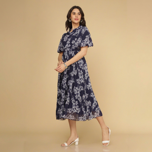 Floral Print Midi <b>Dress</b> Jewel Neck 3/4 Sleeve A-Line Woven Casual Summer Women's <b>Dress</b> Breathable Loose Fit <b>With</b> <b>Pockets</b> - Product Image 1