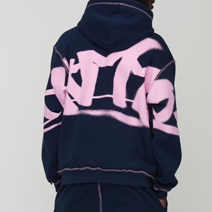 Conjunto de Sudadera con Capucha Extra Grande Azul Marino para Hombre con Estampado de Letras Rosas, Chándal de Forro Polar para Otoño - Product Image 4