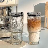 Novel 500ml Glacier Pattern Glass Handle Water Cup avec couvercle et paille Convient pour le café, le lait, le jus, le thé, le milkshake, la bière