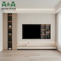 Meuble mural moderne crème avec étagères rétroéclairées, accents en grain de bois et base flottante