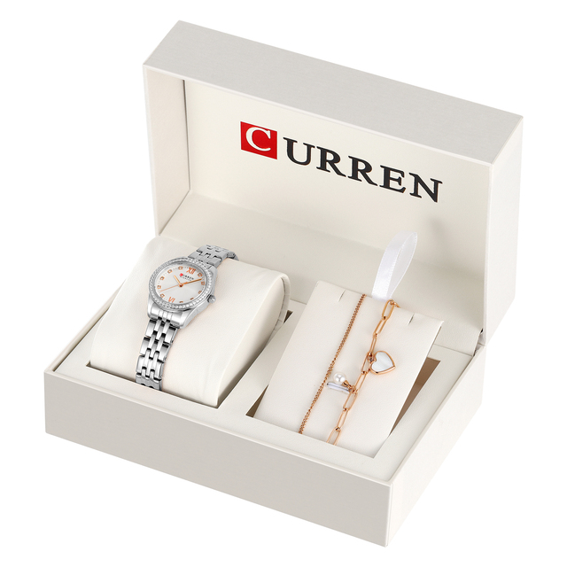 2PCS Set Luxury CURREN 9086 Watch Women Necklace Rhinestone Fashion Wristwatch Female Casual Ladies Watches Bracelet Set Clock