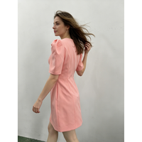 Robe rose à manches bouffantes avec col et boutons sur le devant, longueur genou, printemps-été pour femmes