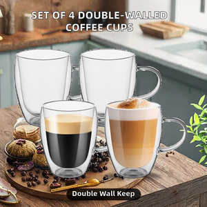 Set 4 <b>Double</b>-<b>Walled</b> Insulated Borosilicate Glass Coffee Glasses Handles 350ml Capacity Microwave Dishwasher Safe for Latte - Product Image 2