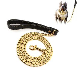 Bán Buôn Thép Không Gỉ Vàng Cuba Liên Kết Pet Pitbull Dog Chains Leash Cổ Áo Cho Chó Lớn