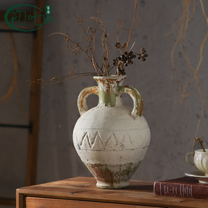 Jarrón de cerámica rústico con asas, maceta decorativa hecha a mano para sala de estar, arreglo de flores secas, estilo vintage - Product Image 2