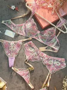 Wholesale Graceful Light Lace Lingerie Set Plus Size Women Sexy Embroidery Bra Firm Control Mesh Fabric Underwear Bag - Product Image 5