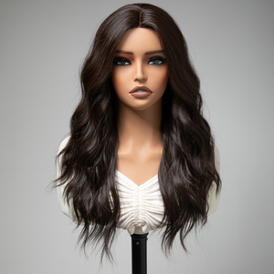 Perruque synthétique en gros, Lace Front ondulée, en fibre résistante à la chaleur, non inflammable, sans colle, brun foncé, avec monofilament - Product Image 3