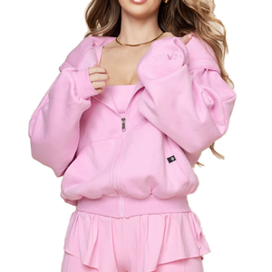 Sudadera con capucha extragrande rosa para mujer con mangas abullonadas y cremallera frontal, diseño de punto sólido, estilo otoñal - Product Image 1