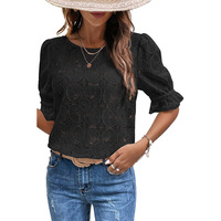 Chemise de créateur personnalisée Chemise en mousseline à volants de couleur unie, col rond, haut jacquard creux à manches trois-quarts Blouses et chemises pour femmes
