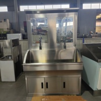 Station d'hygiène double poste en acier inoxydable avec miroirs LED et robinets à capteur pour usine de transformation alimentaire moderne