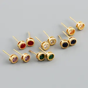 Wholesale 5mm Colourful Zircon Round Silver Stud Earrings Gold Plated Minimalist Personality 925 Sterling Silver Earrings