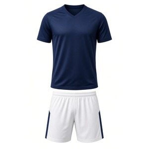 Ensemble uniforme de football bleu roi pour hommes, maillot à col en V et short blanc, kit de football en gros - Product Image 3