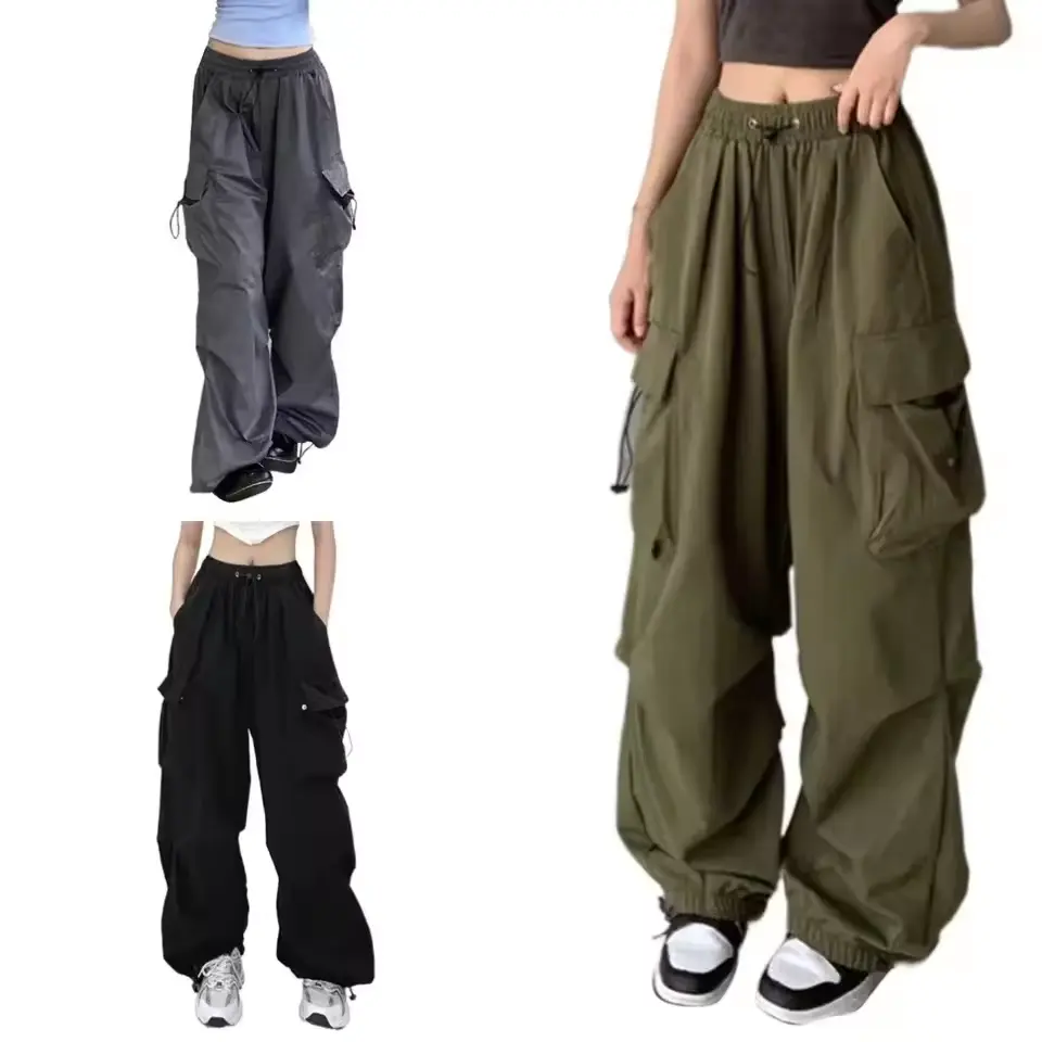 Women's Summer Cargo Trousers Fashionable Baggy Streetwear Gym Pants with Elastic XL Size Parachute Track Cargo