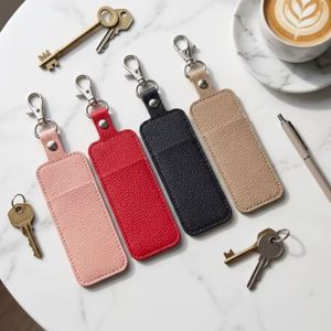 Lychee Leather Keychain Lipstick Holder Sleeve Portable Custom Logo Lip Balm Container Storage <b>Bag</b> for Lipstick Hanging on <b>Bag</b> - Product Image 2