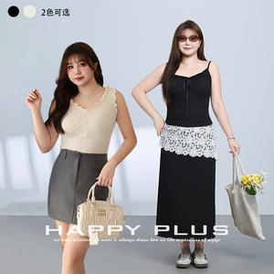 Camisola elegante de color liso con tirantes finos y ribete de encaje para mujer, talla grande, color negro, albaricoque, top de poliéster N8846-1 - Product Image 5