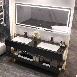 Venta al por mayor mármol piedra sinterizada lavabo gabinete flotante doble fregadero vanidad superficie sólida baño vanidades con espejo LED - Product Image 1
