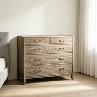 Commode de chambre à coucher de style campagnard de luxe au design moderne OEM, 5 tiroirs, en bois massif, fabriquée à la main, avec supports d'angle