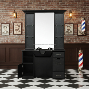 Estación de Barbería Negra Clásica y Duradera con Lavabo y Espejo LED, Múltiples Espacios de Almacenamiento para Lavado de Cabeza en Barberías Masculinas - Product Image 2