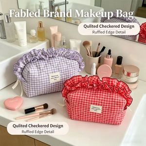 <b>Cosmetic</b> <b>Organizer</b> Travel Bag Ruffle Checker Bow Removable Pad Zipper Closure Lightweight Stylish Lady Design Women Girls - Product Image 3